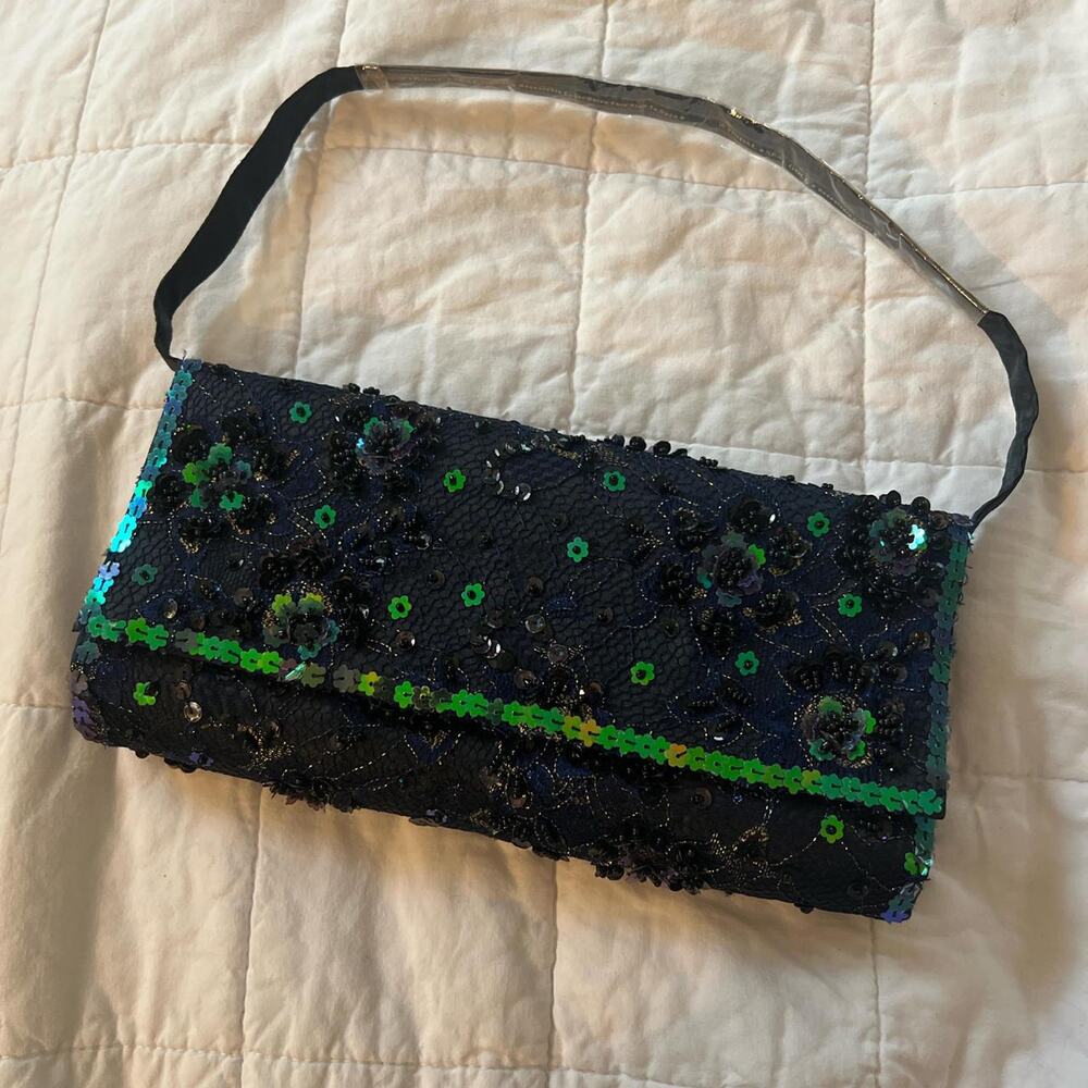 Navy blue and green sequin clutch bag 9x5 inches